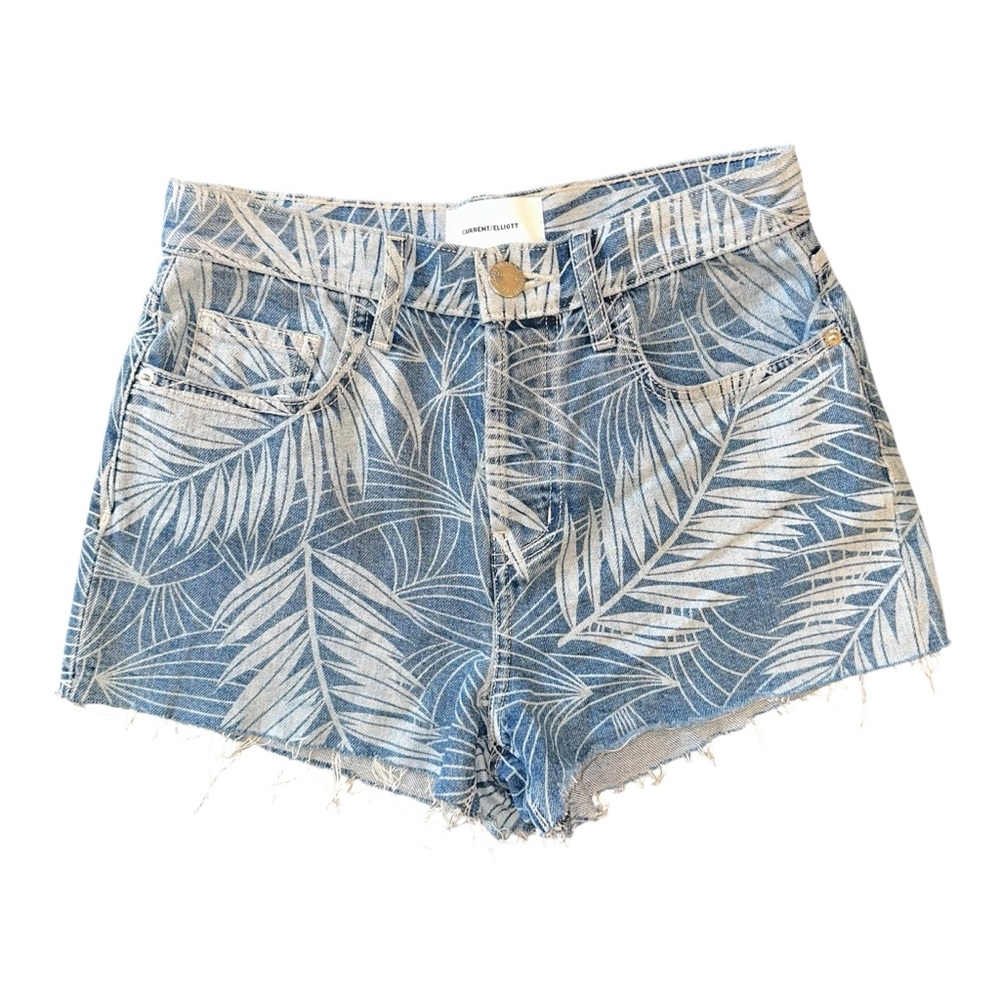 Current/Elliott Ultra High Rise Button Fly Raw Hem Blue Denim Palm Leaf Print 25